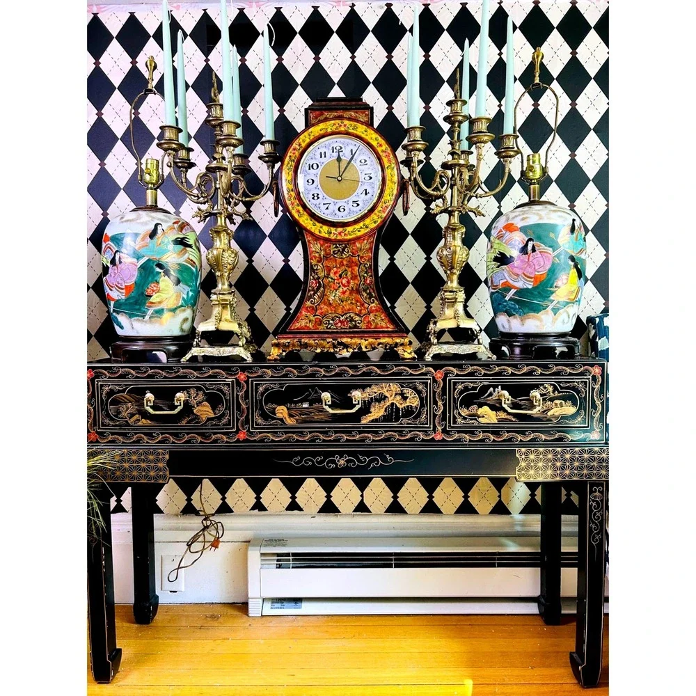 Oversized 2ft Tall Italian Florentine Style Mantel Clock Hand Painted